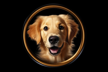 Portrait of Golden Retriever Dog on Black Background in Rounded Frame