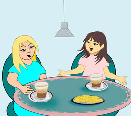 Two girls are sitting and chatting at the table, while drinking coffee.
