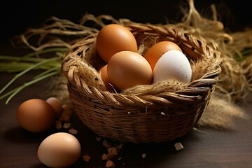 Eggs in old-style basket. Generative AI
