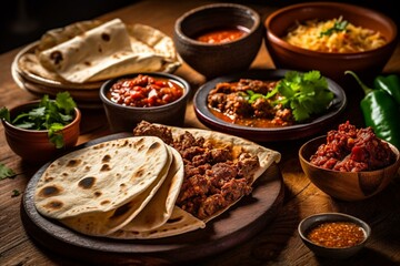 A delicious Mexican dish with burittos, tacos, and chili con carne on a rustic wooden table. Generative AI
