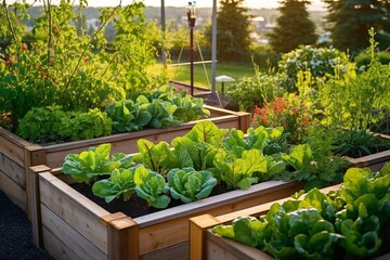 Vegetables grown in raised beds in an urban garden. Future-oriented self-sufficiency and farming concept. Generative AI