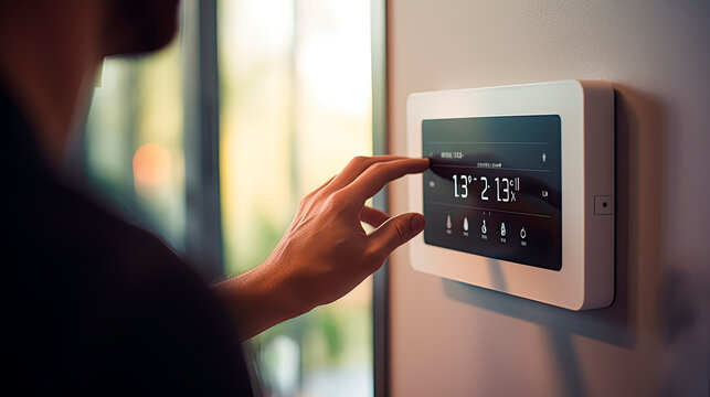 close-up of a hand setting the temperature on the thermostat