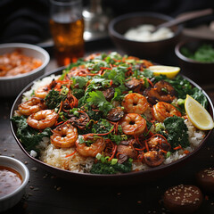 tasty paella with shrimps on a black plate