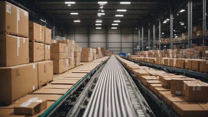 Conveyor belts in action transferring goods into cardboard boxes in a transport company warehouse. Sorting and placing boxes into different sections