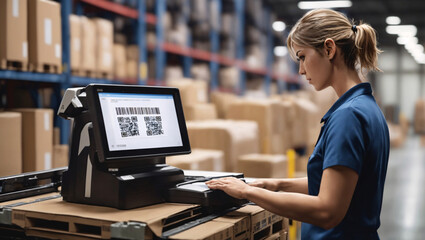 A warehouse worker uses terminal to track the movement of goods. Dispatch and delivery of goods within the logistics chain. The center of the transport company ensures the sorting and dispatch goods - obrazy, fototapety, plakaty