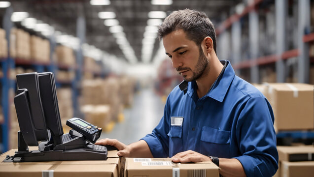 A worker at a logistics delivery company uses a scanner to track and sort boxes and parcels before shipping to customers in our high-tech warehouse