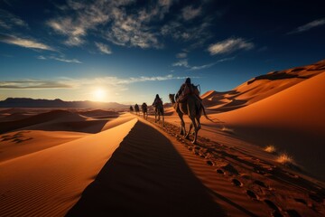 Camel caravan in the desert at sunset. Travel Concept. Background with a copy space.