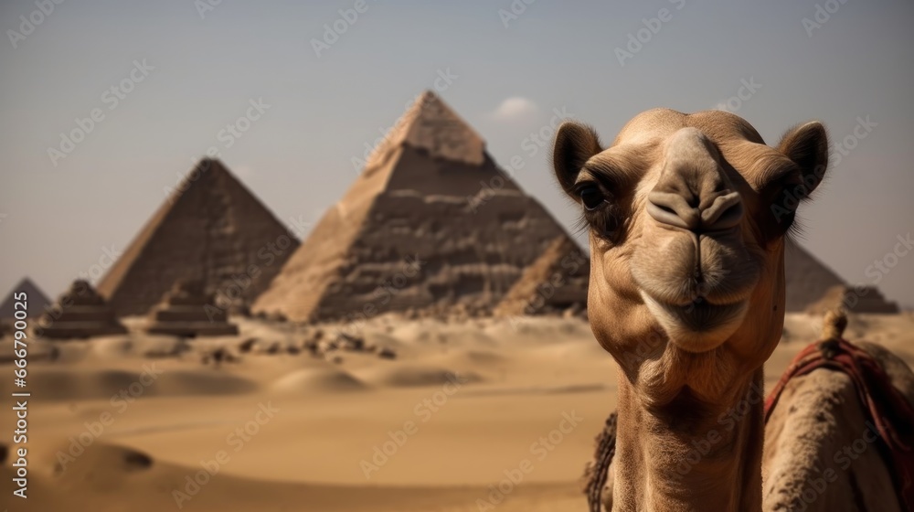 Wall mural Camel and pyramids. Travel Concept. Background with a copy space.