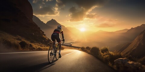 Racing Down the Mountainside: A Professional Racing Cyclist Speeds Down a Thrilling Mountain Road, Embracing the Heart-Pounding Challenge and Competitive Spirit of High-Speed Road Racing - obrazy, fototapety, plakaty