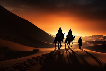 Camel caravan in the desert at sunset. Travel Concept. Background with a copy space.