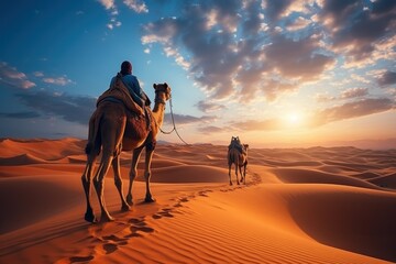 Camel caravan in a desert at sunset. Travel Concept. Background with a copy space.