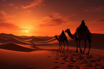 Camel caravan in the desert at sunset. Travel Concept. Background with a copy space.