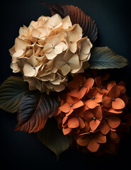 Gorgeous Fall and Autumnal Hydrangeas in Moody Burnt Orange and Cream Color Tones, Leafy Green Foliage, Cozy Thanksgiving Aesthetic with Muted Color Grading - Vertical