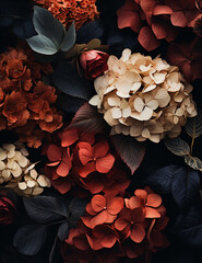 Gorgeous Fall and Autumnal Hydrangeas in Moody Burnt Orange and Cream Color Tones, Leafy Green Foliage, Cozy Thanksgiving Aesthetic with Muted Color Grading - Vertical