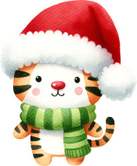 Whimsical tiger in santa hat illustration created with Generative AI technology