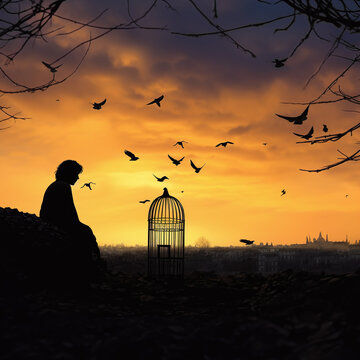 silhouette of a person sittingin a garden with a empty cage and free flying birds