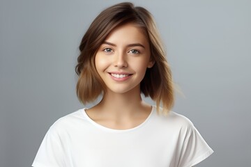 Fototapeta premium Beautiful Young Fictional Brunette Model Smiling Portrait. Isolated. Generative AI.