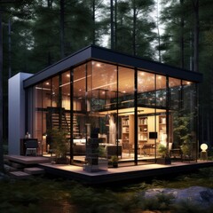 modern tiny house with glass front and gentle warm light. 