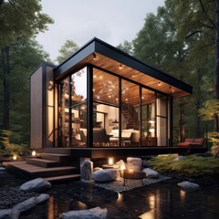 modern tiny house with glass front and gentle warm light. 