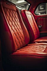 Rear seats of a vintage car in elegance with red upholstery. Seats in a nostalgic car from the 90s in an era of automotive sophistication.