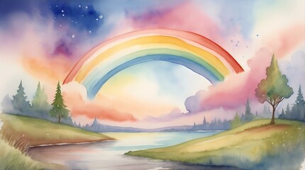 watercolor fantasy sky rainbow. Fairy skies rainbows colors, magic landscape and dream sky background illustration