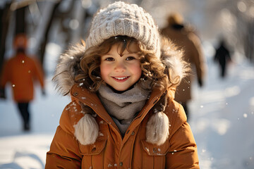 Fototapeta na wymiar Cute portrait of snow-covered little girl in the winter season outdoors