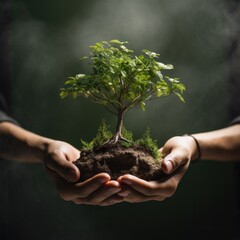 holding a young tree with in healthy soil in the hands. 