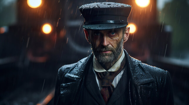 Portrait of a train conductor in a cinematic setting looking at the camera. Train driver on a rainy day completely soaked.