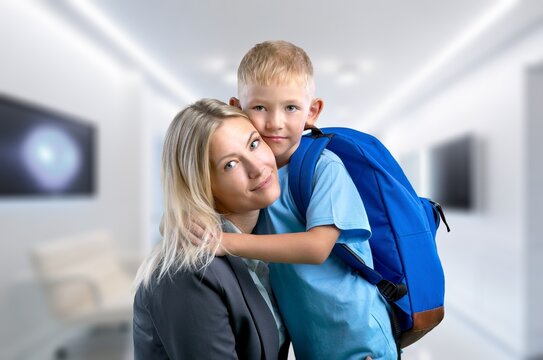 Back to School concept. Happy mom preparing child, AI generated image