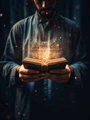 someone holding a book surrounded by magical lights. 