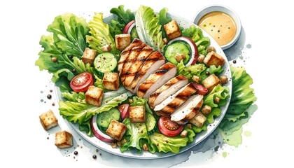 Fresh Caesar salad with crispy lettuce, croutons, and grilled chicken, brought to life with subtle watercolor hues. © Cad3D.Expert