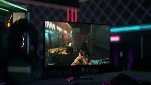 Animation of the modern first-person shooter pc game. Animation of the challenging factory mission in the simulator pc game. Player dies to the npc shot inside of the pc game. Animation. Defeat screen