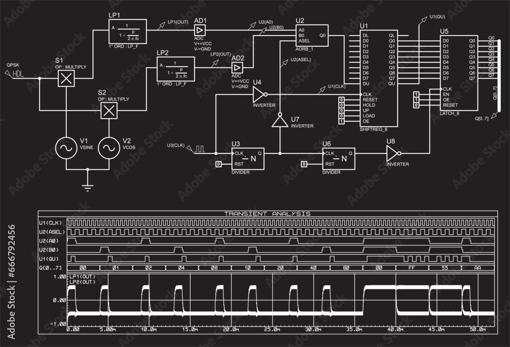 Poster schematic diagram of electronic device (demodulator). vector drawing electrical circuit with integra