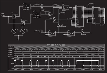 Schematic diagram of electronic device (demodulator).
Vector drawing electrical circuit with 
integrated microchips, logic elements,  
oscilloscope, source signal and other electronic components.