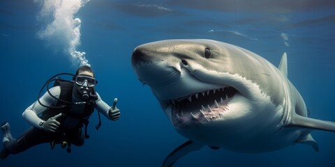 A Diver Making a Careless Peace Sign in Front of a Enormous White Shark, Capturing a Deadly Selfie...