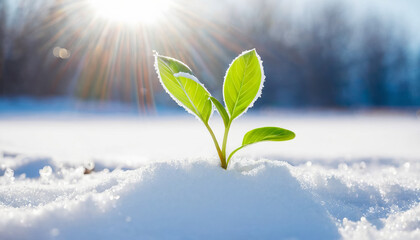 A little plant is growing in the morning sun after the snow melted