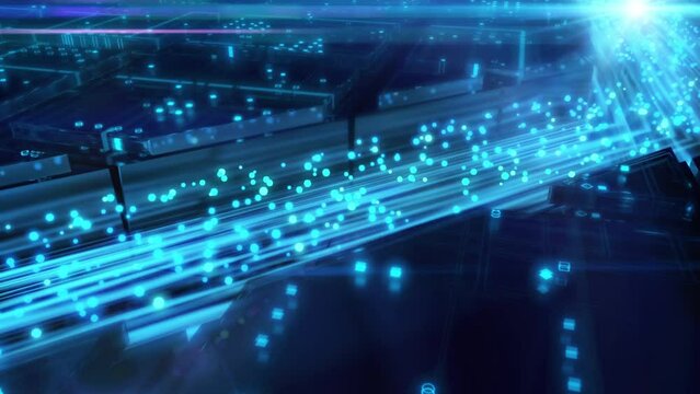 Quantum particles moving inside neural engine of the artificial intelligence between electronic microchips. Processors keeps all of information from global network for machine learning process.