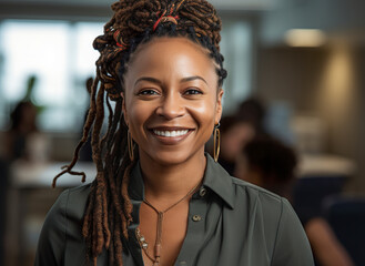 Smiling portrait of young African-American woman with dreadlocks at her office