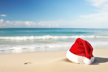 Fototapeta na wymiar Santa's hat in the sand, beach vacations, christmas and sea concept