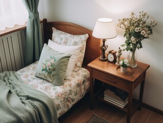 bedside table. light interior room. 