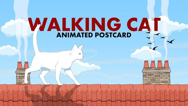 Cat Walking on Rooftop Animated Postcard