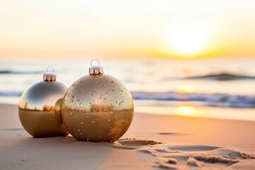 Christmas golden balls on the beach - obrazy, fototapety, plakaty