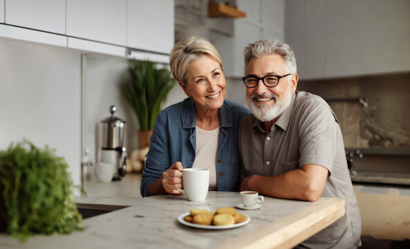 Portrait of a smiling senior couple cuddling while drinking coffee in the kitchen..