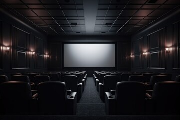 Dark movie theatre screen and chairs