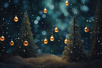 Fototapeta premium Christmas Decorations on Dark Forest Background, Dark Emerald and Gold Created with Generative AI Tools