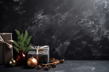 Christmas Ornaments and Gift Set on a Stone Background with Smokey and Black Style, Created with Generative AI Tools