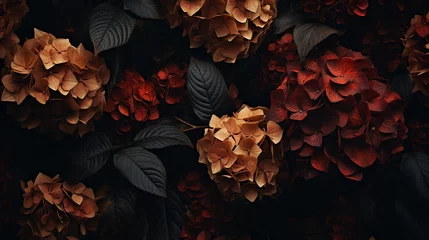Foto op Canvas Gorgeous Fall and Autumnal Hydrangeas in Moody Burnt Orange and Cream Color Tones, Leafy Green Foliage, Cozy Thanksgiving Aesthetic with Muted Color Grading - Horizontal © AnArtificialWonder