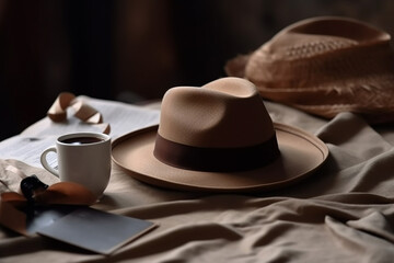 Cozy Hat, Coffee Cup, and Paper in Muted Earth Tones - Romantic Academia, Naturalist Aesthetic, Comfycore, Letterboxing, Monochromatic Masterpieces - Created with Generative AI Tools