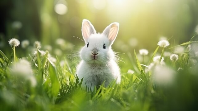 Beautiful white fluffy rabbit in green grass blurred background. AI generated image