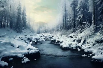 Fotobehang icy river, snowy landscape. Generative AI © Lea